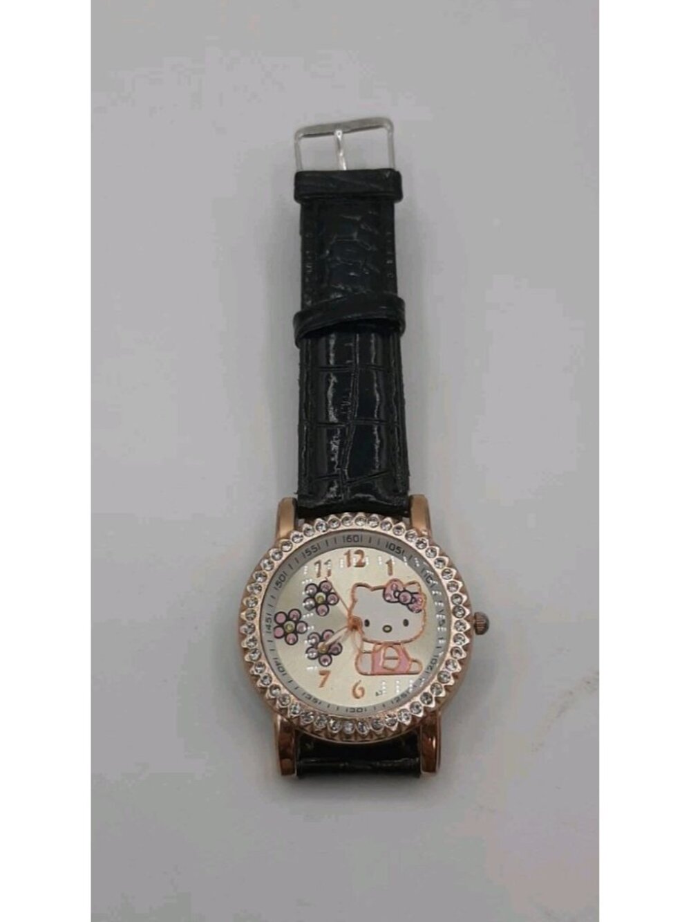 Hello Kitty Rhinestones Pink Watch A32 Black Faux Leather Strap New Battery